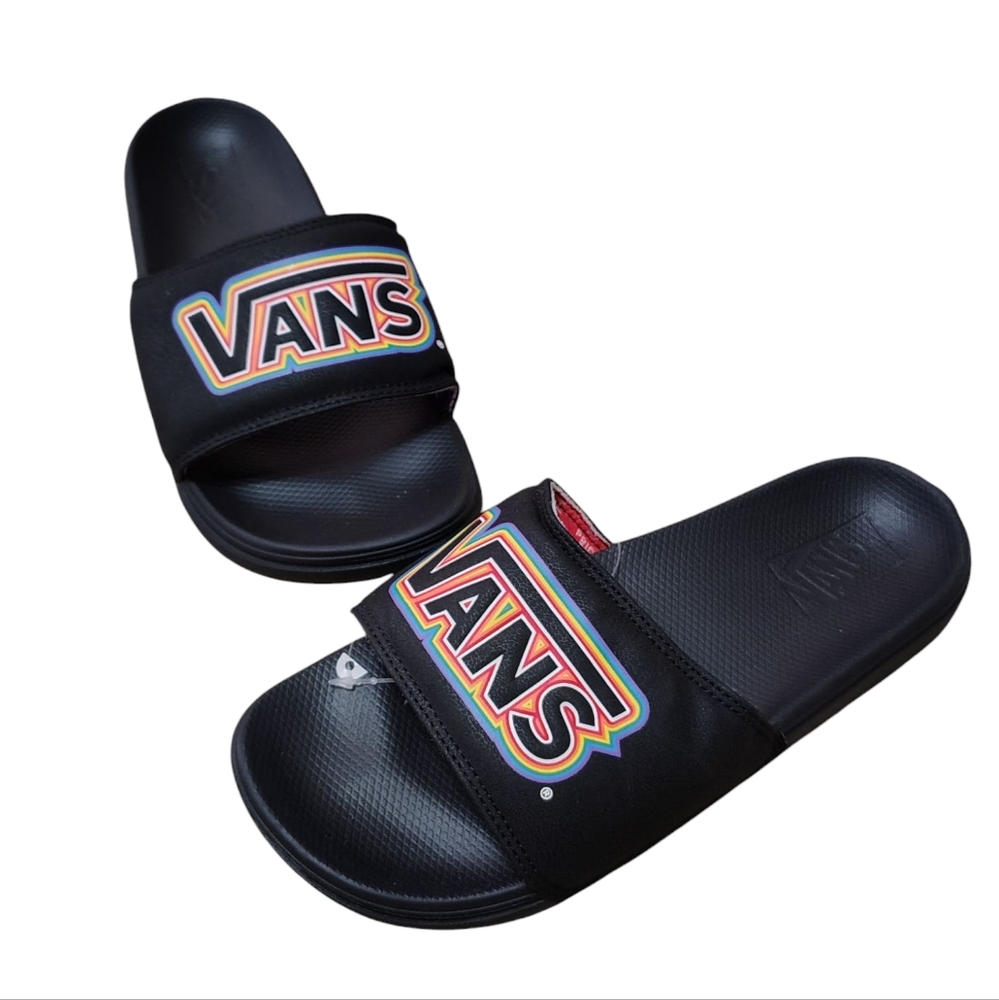NWT Vans Men's La Costa Pride Slides Sandals Black Rainbow Synthetic